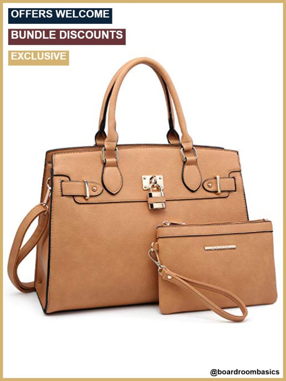Vegan Leather Satchel Tote Work Bag with Matching Clutch